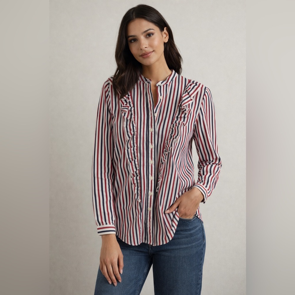 THE SHIRT By Rochelle Behrens Cotton Striped Ruffle Button Down Top Size XS